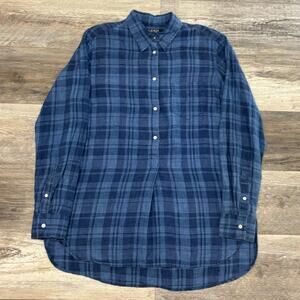 Lauren Ralph Lauren Blue Plaid Womens L Linen 1/2 Button Up Pullover Tunic Shirt